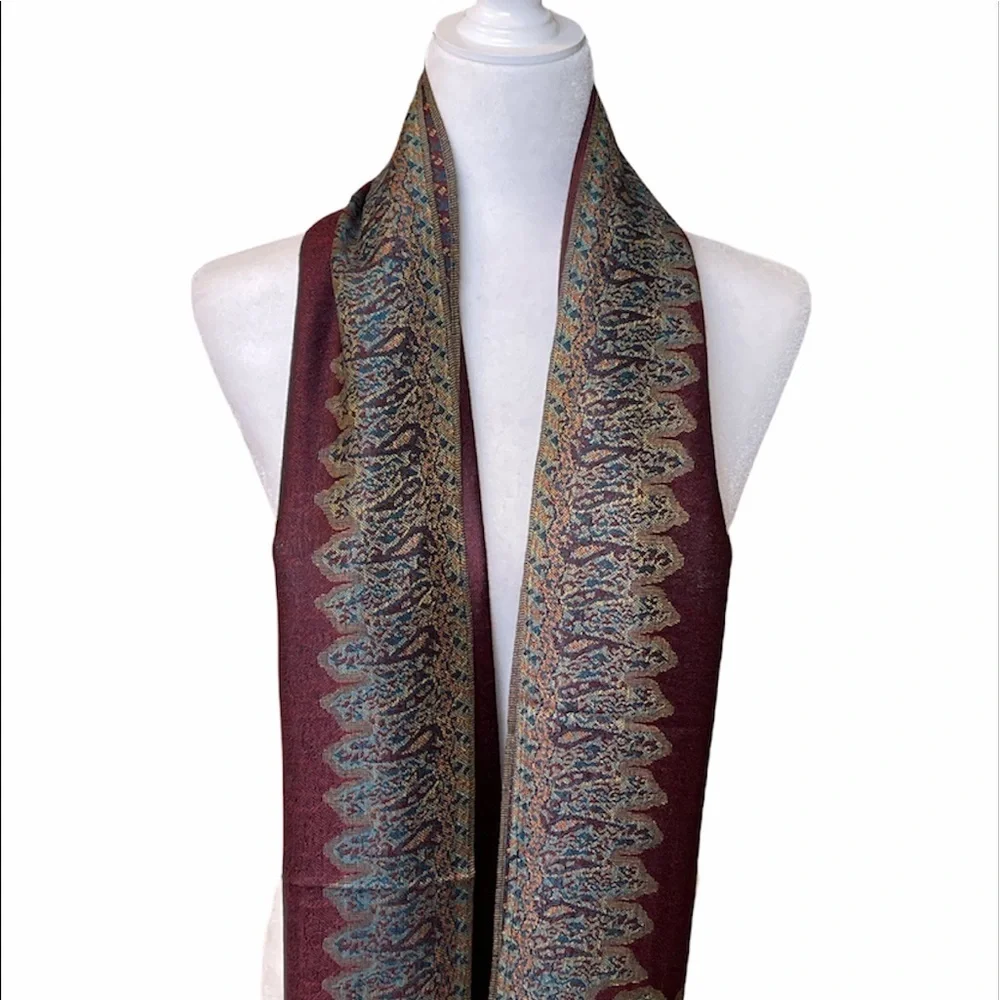 Pashmina Style Border Pattern Wine Scarf/ Shawl NEW